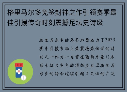 格里马尔多免签封神之作引领赛季最佳引援传奇时刻震撼足坛史诗级